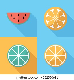 Fruit icons. Flat design style modern vector illustration. Isolated on stylish color background. Flat long shadow icon. Elements in flat design.