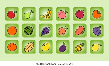 Fruit icons on web buttons. Set of icons depicting fruit. For games and applications. Helthy food concept. Vector line icon for Business and Advertising. Vector image.