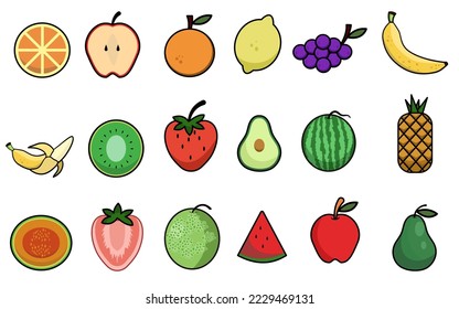 Fruit icons with outline and full color minimalist 