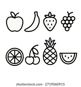 Ícones de fruta como parte de um conjunto monolínico, desenhados com uma linha contínua e ininterrupta de igual peso.