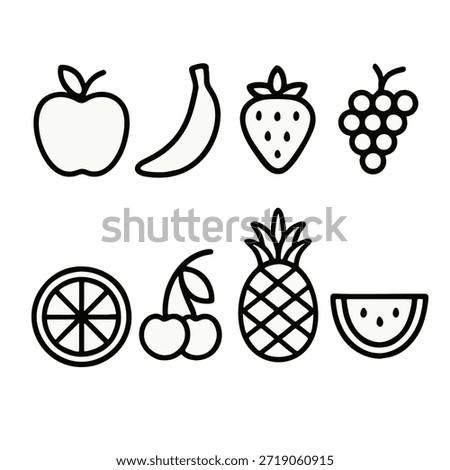 Fruit icons as part of a monoline set, drawn with a continuous, unbroken line of equal weight.