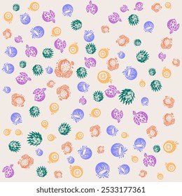 Ícones de fruta em padrão de design padrão com várias cores e formas