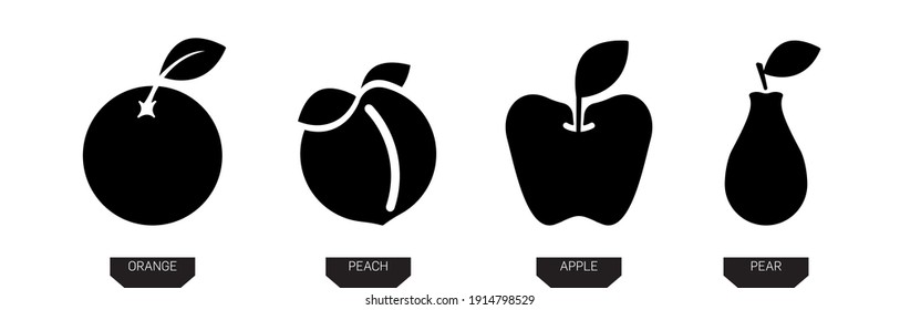 Fruit icons. Pear, apple, orange and peach silhouette vector icon illustration in black color isolated on white background. Silet fruit icon. Modern line art design.