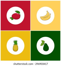 Fruit Icons, Round White Fruit Icons on Colorful Background, Mango and Pineapple  , Banana and Avocado , Vector Illustration