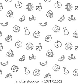 Fruit icons seamless pattern grey vector on white background. Collection Of apple, banana, citrus, melon, kiwi And Other Elements. Template for design fabric, backgrounds, wrapping paper.