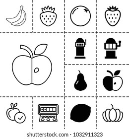 Fruit icons. set of 13 editable filled and outline fruit icons such as pear, slot machine, orange, apple, strawberry, pumpkin, banana