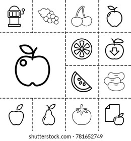 Fruit icons. set of 13 editable outline fruit icons such as apple, slot machine, pear, paper and apple, lemon, apple download, watermelon, cherry, bean
