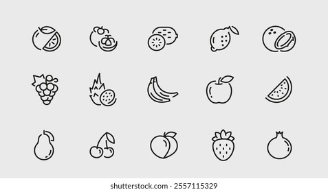 Fruit icons. Set of 15 fruit trendy minimal icons. Apple, Lemon, Mango, Avocado, Peach, Kiwi, Pineapple, Cherry icon. Design signs for web page, mobile app, packaging design. Vector illustration