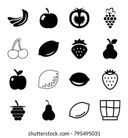 Fruit icons. set of 16 editable filled and outline fruit icons such as strawberry, grape, banana, lemon, tomato, apple, drink, pear, cherry
