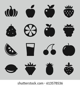 Fruit icons set. set of 16 fruit filled icons such as berry, apple, mulberry, Cherry, strawberry, raspberry, pumpkin, lemon, drink, watermelon