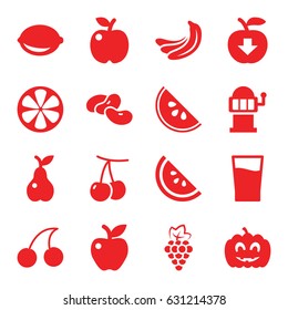 Fruit icons set. set of 16 fruit filled icons such as cherry, grape, banana, bean, cherry, slot machine, apple, pear, lemon, pumpkin haloween, drink, watermelon