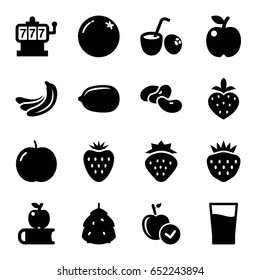 Fruit icons set. set of 16 fruit filled icons such as berry, strawberry, orange, apple, banana, bean, slot machine, lemon, drink, drink coconut