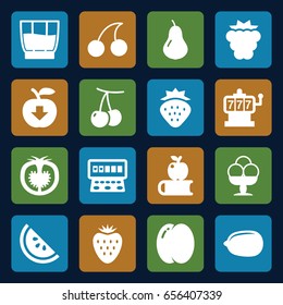 Fruit icons set. set of 16 fruit filled icons such as strawberry, pear, peach, cherry, mulberry, slot machine, cherry, lemon, tomato, drink, ice cream, watermelon