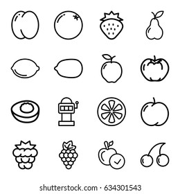 Fruit icons set. set of 16 fruit outline icons such as strawberry, orange, apple, peach, mulberry, grape, cherry, lemon, pear, lemon, avocado