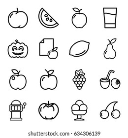 Fruit icons set. set of 16 fruit outline icons such as apple, grape, lemon, cherry, slot machine, pear, paper and apple, pumpkin haloween, drink, ice cream, drink coconut