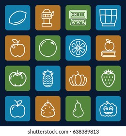 Fruit icons set. set of 16 fruit outline icons such as berry, orange, pear, apple, lemon, slot machine, pumpkin, pumpkin haloween, drink, pineapple, strawberry, apple on book