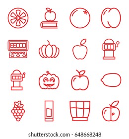 Fruit icons set. set of 16 fruit outline icons such as orange, peach, grape, lemon, slot machine, pumpkin, apple, lemon, pumpkin haloween, drink, apple on book