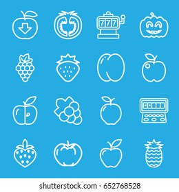 Fruit icons set. set of 16 fruit outline icons such as strawberry, apple, peach, grape, slot machine, grape, tomato, pumpkin haloween, pineapple