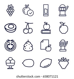 Fruit icons set. set of 16 fruit outline icons such as berry, apple, cherry, grape, lemon, lemon, slot machine, raspberry, paper and apple, tomato, drink, avocado, ice cream
