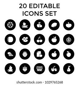 Fruit icons. set of 20 editable filled fruit icons such as apple, lemon, slot machine, apple on book, pear, strawberry. best quality fruit elements in trendy style.