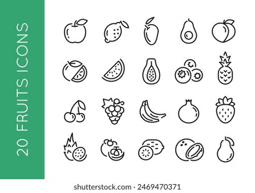 Fruit icons. Set of 20 fruit trendy minimal icons. Apple, Lemon, Mango, Avocado, Peach, Kiwi, Pineapple, Cherry icon. Design signs for web page, mobile app, packaging design. Vector illustration