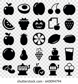 Fruit icons set. set of 25 fruit filled icons such as orange, pear, peach, apple, mulberry, grape, bean, lemon, slot machine, cherry, lemon, paper and apple, pumpkin haloween