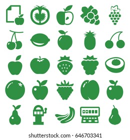 Fruit icons set. set of 25 fruit filled icons such as strawberry, orange, apple, pear, peach, cherry, mulberry, grape, banana, cherry, grape, slot machine, raspberry