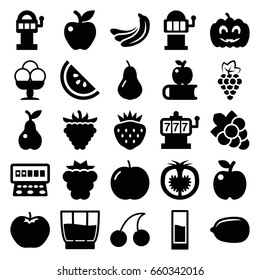 Fruit icons set. set of 25 fruit filled icons such as pear, apple, mulberry, grape, banana, slot machine, cherry, lemon, grape, strawberry, raspberry, tomato, pumpkin haloween