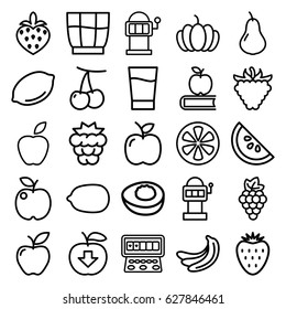Fruit icons set. set of 25 fruit outline icons such as pear, cherry, mulberry, grape, banana, lemon, Lemon, Slot machine, apple, raspberry, pumpkin, strawberry, drink, avocado