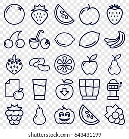 Fruit icons set. set of 25 fruit outline icons such as strawberry, orange, pear, apple, mulberry, banana, bean, lemon, cherry, grape, paper and apple, pumpkin haloween, drink