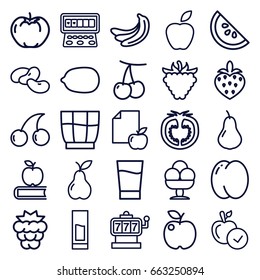 Fruit icons set. set of 25 fruit outline icons such as pear, peach, cherry, mulberry, banana, apple, bean, slot machine, cherry, lemon, raspberry, paper and apple, tomato