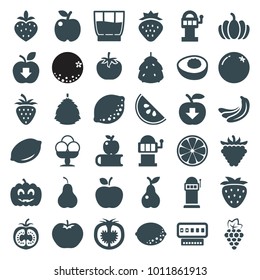 Fruit icons. set of 36 editable filled fruit icons such as berry, strawberry, orange, grape, banana, apple, lemon, slot machine, apple on book, slot machine, pear, raspberry