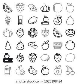 Fruit icons. set of 36 editable outline fruit icons such as berry, strawberry, orange, pear, mulberry, bean, lemon, apple, apple on book, pumpkin, tomato, apple download