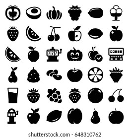 Fruit icons set. set of 36 fruit filled icons such as berry, strawberry, orange, apple, pear, peach, cherry, mulberry, bean, lemon, slot machine, cherry, lemon, grape