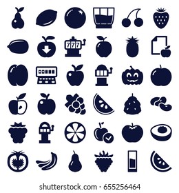 Fruit icons set. set of 36 fruit filled icons such as berry, orange, apple, pear, peach, mulberry, banana, bean, lemon, slot machine, cherry, lemon, grape, raspberry