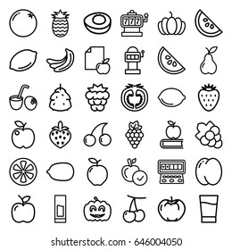 Fruit icons set. set of 36 fruit outline icons such as berry, orange, apple, peach, cherry, mulberry, grape, banana, lemon, slot machine, cherry, lemon, grape, pear, pumpkin