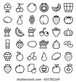 Fruit icons set. set of 36 fruit outline icons such as berry, strawberry, orange, apple, pear, peach, cherry, mulberry, grape, banana, bean, lemon, slot machine, cherry, lemon