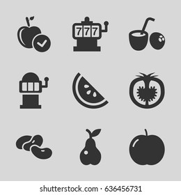 Fruit icons set. set of 9 fruit filled icons such as apple, bean, slot machine, pear, tomato, drink coconut