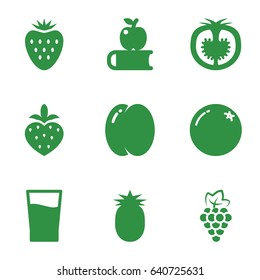 Fruit icons set. set of 9 fruit filled icons such as orange, peach, grape, tomato, strawberry, drink, pineapple