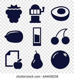 Fruit icons set. set of 9 fruit filled icons such as orange, pear, mulberry, cherry, lemon, slot machine, paper and apple, drink