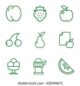 Fruit icons set. set of 9 fruit outline icons such as strawberry, peach, Cherry, Slot machine, pear, paper and apple, watermelon, ice cream