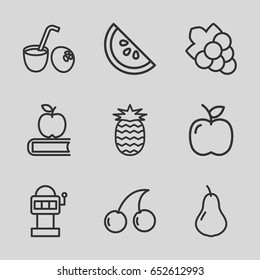 Fruit icons set. set of 9 fruit outline icons such as pear, cherry, grape, apple, drink coconut, watermelon, pineapple, apple on book