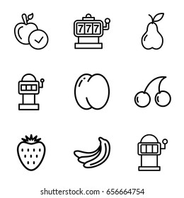 Fruit icons set. set of 9 fruit outline icons such as peach, banana, apple, slot machine, cherry, pear, strawberry