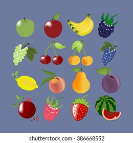 Fruit Icons Set. Apple. Cherry. Watermelon. Banana. Lemon. Strawberry. Grapes. Plum. Pear.