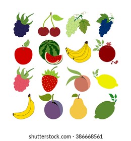 Fruit Icons Set. Apple. Cherry. Watermelon. Banana. Lemon. Strawberry. Grapes. Plum. Pear.