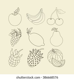 Fruit Icons Set. Apple. Cherry. Watermelon. Banana. Lemon. Strawberry. Grapes. Pear. Raspberry