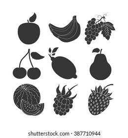 Fruit Icons Set. Apple. Cherry. Watermelon. Banana. Lemon. Strawberry. Grapes. Pear. Raspberry