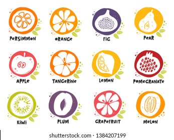 Iconos de frutas establecidos. Apple. Limón. Naranja. Persimmon. Oso. Ilustración vectorial dibujada a mano con tinta. Puede ser utilizado para cafés, menús, tiendas, bares, restaurantes, afiches, pegatinas, logo, concepto de dieta de desintoxicación, mercado agrícola