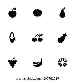 fruit icons set, black on white background