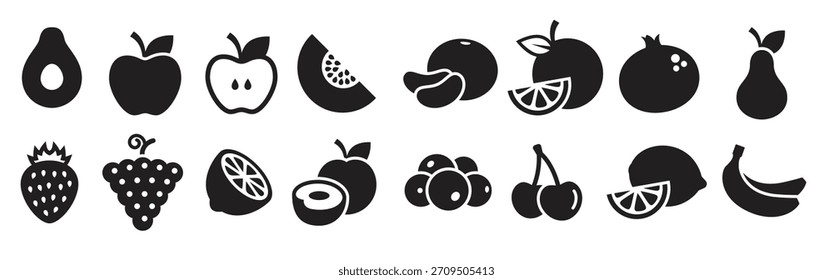 Iconos de la fruta fijados negros sobre un fondo blanco